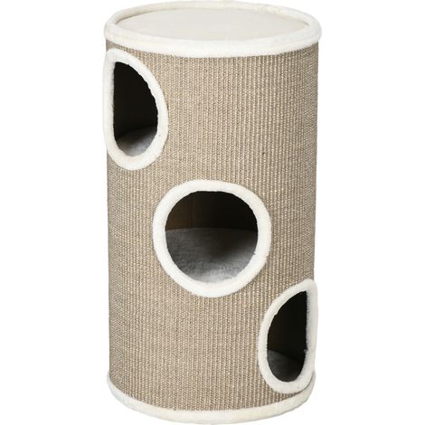 Cuccia per Gatti a 3 Livelli Ø38x70cm con Tiragraffi in Sisal e Peluche Marrone