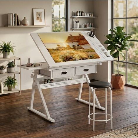 Table à dessin blanche réglable avec 2 tiroirs et tabouret OKWISH (1/5)