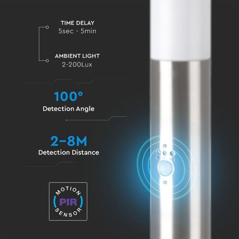 Lámpara de pie LED para jardín V-TAC de 110 cm con portalámparas E27, sensor de movimiento, acero inoxidable, IP44