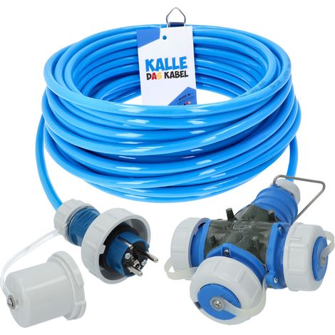 KALLE Verlängerungskabel Schuko 2,5mm² 3-Fach Kupplung Aquasafe IP67 Extreme Blau 15 Meter