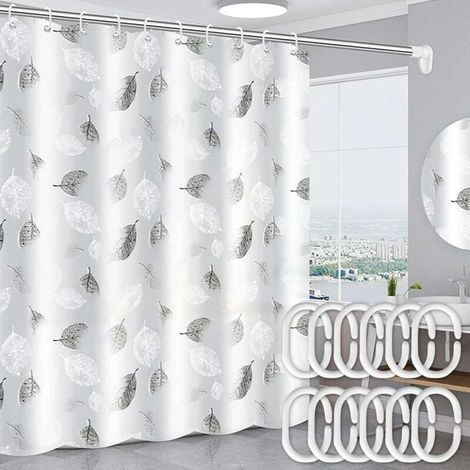 Cortina de ducha, cortina de baño, antimoho, impermeable, cortina de baño de tela impermeable con estampado geométrico de hojas de plantas con 12 ganchos, 180 x 200 cm (1/5)