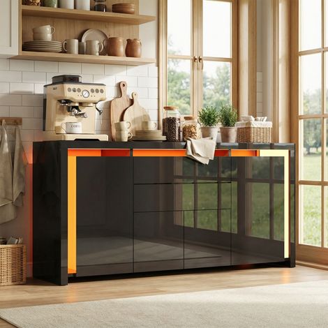 Buffet 160 cm, 4 portes 2 tiroirs, éclairage LED, meuble de rangement, façade laquée haute brillance, grande capacité & système push-to-open, pour salon/cuisine, style moderne, Noir