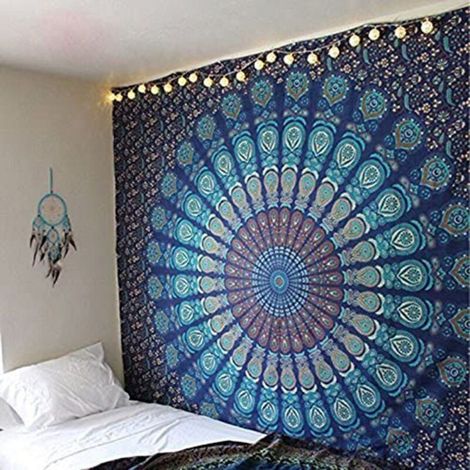Tenture murale indienne en coton bio – Tapisserie mandala multicolore 150 x 200 cm, décoration murale bohème et lit (1/4)