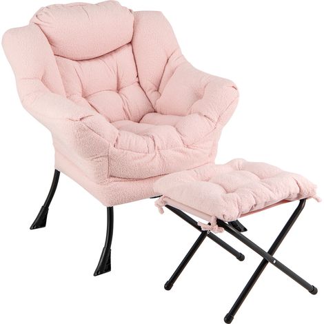 Fauteuil rose d'appoint avec repose-pieds pliable, revêtement sherpa et coussin de tête pour salon, chambre et bureau (1/5)