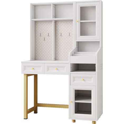 Tavolo da trucco LED con organizer a pannello forato, 3 cassetti e armadietto in MDF (1/5)