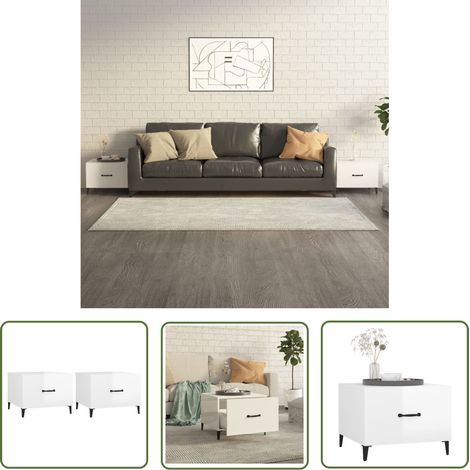 The Living Store Tables basses avec pieds métal 2 pcs Blanc brillant 50x50x40 cm - Table Basse Industrielle - Meuble Design - Table D'appoint Moderne - Ensemble De Tables Basses - Meubles Blancs (1/5)