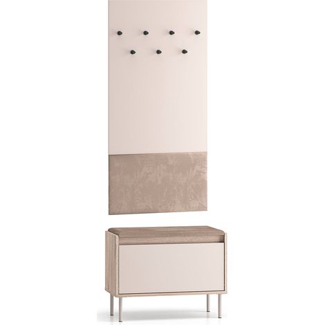 Mueble de entrada Alos Cashmere y Madera de 1 puerta con perchero y banco zapatero (1/4)