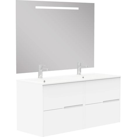 Meuble de Salle de Bain, 2 tiroirs, Suspendu au Mur, avec lavabo en céramique, différentes Finitions, livré monté, avec Miroir 120 cm Blanc (1/5)