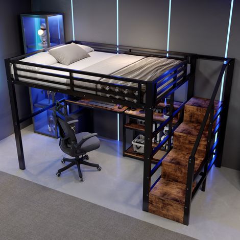 Cama alta, 140 x 200 cm, estructura metálica, armario con escalera, compartimento de almacenamiento, USB + Tipo-C, tira de luz LED, sin colchón, color negro. (1/5)