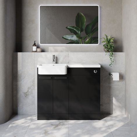 Napoli 250 Matt Black 1000mm 2 Door Vanity Unit Toilet Suite with Left Hand Round Rico Semi Recessed Basin - 1000mm - Chrome 160mm HandleWithout Kingston Toilet Pan