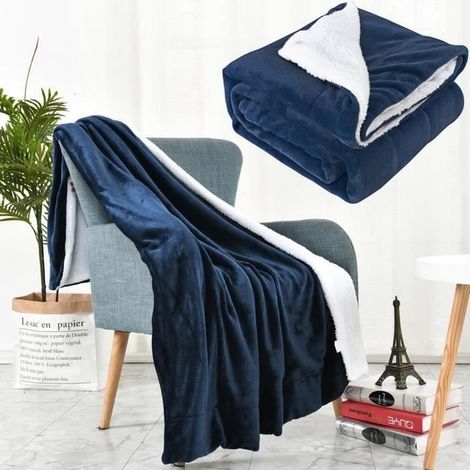 Couverture Polaire Sherpa Bleu Marin 130x160cm - Couverture de Lit Double Face Douce et Chaude Plaid Jeté de Canapé Flanelle (1/4)