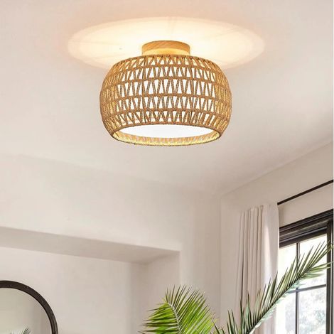 Plafonnier bohème en rotin 31 cm, fabrication artisanale, lampe de plafond décorative pour intérieur moderne(Kaki,Ampoules non incluses) (1/5)