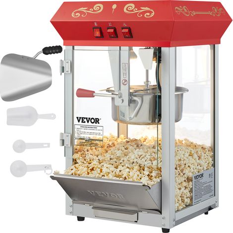 VEVOR Machine a Pop Corn 850 W, Appareil a Pop-corn de Comptoir Electrique, Grand Bol de 227 g pour 48 Tasses par Lot, avec Verre Trempe, 4 Cuilleres, Style Cinema, pour Fete Magasin Soiree, Rouge