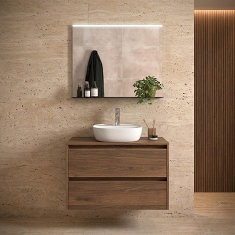 Mobile Bagno Sospeso 80 cm con 2 Cassetti e lavabo appoggio Noce Maya – Linea