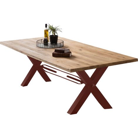 Table de Salle à Manger Industrielle Chêne Sauvage Massif et Pieds en X 200x100 cm - PANGIVO (1/2)