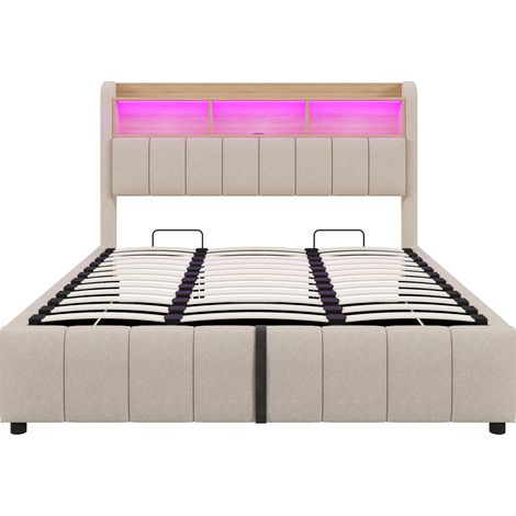 Letto capitonné 180 x 200 cm con LED, USB e contenitore idraulico, lino beige (1/5)