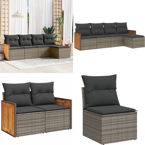 5-tlg. Garten-Sofagarnitur mit Kissen Grau Poly Rattan - Gartengestelle - Gartenmöbelset - Lounge Set - Rattan Möbel - Gartenlounge - Home & Living (1/5)
