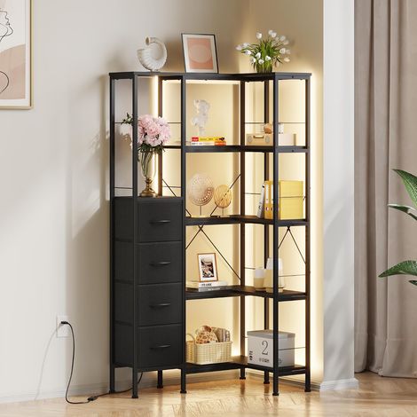 Étagère d'angle, Bibliothèque 5 Niveaux LED, 4 Tiroirs Tissu, Noir (1/5)
