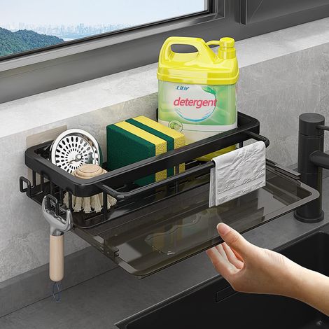 Organisateur d'évier avec égouttoir, crochet et rangement mural sans perçage, autocollant pour salle de bain et cuisine (noir) (1/5)