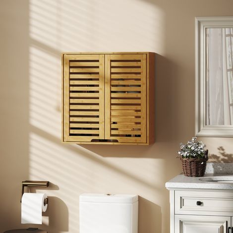 Armoire murale bambou salle de bain, 60x20x60 cm bois naturel, portes lamelles aérées, étagère réglable (1/5)