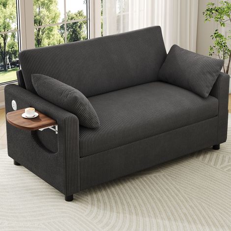 Divano letto 2 posti in velluto a coste grigio con USB/USB-C, tavolino pieghevole e letto estraibile 134x82x84 cm (1/5)