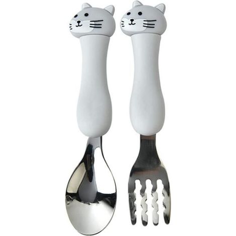 Fourchette Et Cuillère Enfants - Acier Inoxydable 304 Et PP Alimentaire - Boîte Animée Chat - 1 Ensemble (1/4)