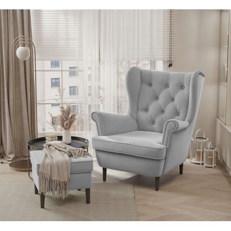 Sessel Ohrensessel NINON inkl. Hocker in Stoff Trinity Hellgrau