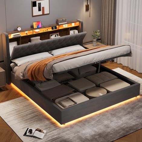 Lit Coffre 180 x 200cm - Lit 2 Places - Rangement Hydraulique - Sommier à Lattes - Velours - Gris (1/5)