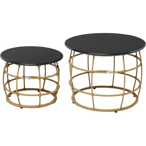 Lot de 2 tables de jardin empilables style bohème, naturel et gris foncé, résistantes aux intempéries, 60 x 60 x 47 cm (1/5)