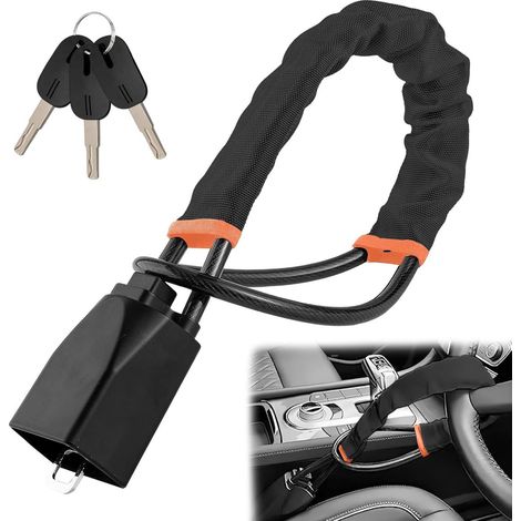 Bloccasterzo per auto - Antifurto per auto - Bloccasterzo speciale per auto compatibile con cinture di sicurezza - Bloccasterzo per auto altamente visibile - 3 chiavi (Nero - 72 cm) (1/5)