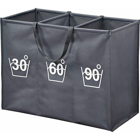 Panier à linges en bois et tissu à 3 compartiments - Gris - L 75 x l 60 x H 35 cm - Livraison gratuite (1/5)