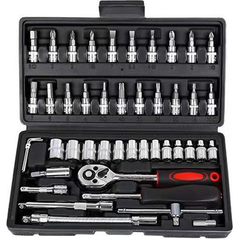 46-teiliges Steckschlüssel- und Ratschen-Set, Chrom-Vanadium, 1/4-Zoll-Ratschenschlüssel-Adapter-Set, Steckschlüssel-Box-Set, schwarz