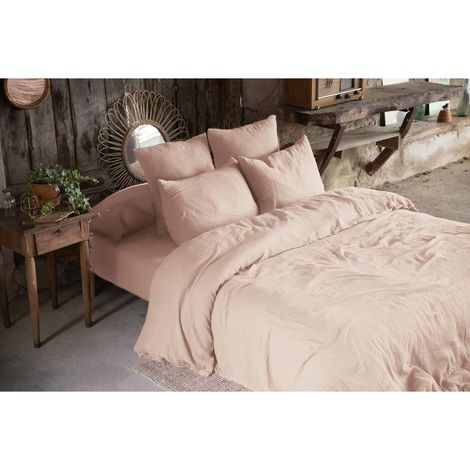 Pack gaze de coton parure de couette 260X240 cm + drap housse 160X200 + 2 taies 60x60 Rose (1/4)