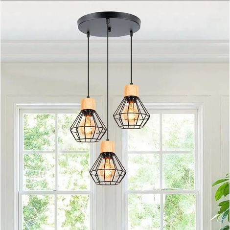 Rétro Suspension Luminaire en Cage Lustre Industriel Vintage abat-jour avec Bois Décoration pour Salon Chambre (1/5)