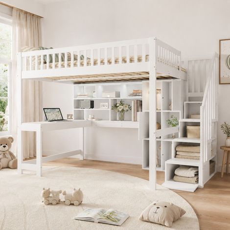 Letto soppalcato 140 x 200 cm con LED, scrivania, scala contenitore e mensole bianco DESVIAE (1/5)