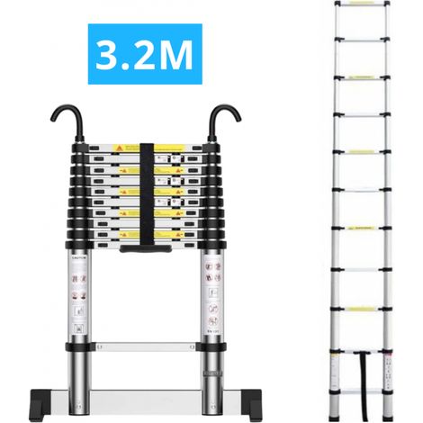 Echelle télescopique aluminium 11 marches H 3,2M avec crochets démontables et barre stabilisatrice - SECURY-T