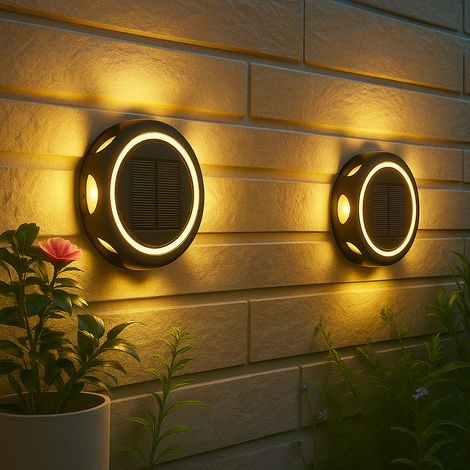 Lampada solare nera da parete esterna lampada da giardino lampada a batteria da parete casa, plastica alluminio, 1x LED 3000K, DxH 14x3,6 cm, set di 2
