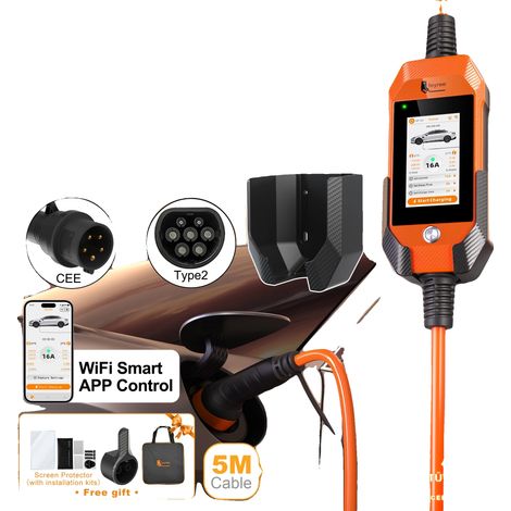 Caricabatterie portatile per veicoli elettrici, touchscreen, doppia protezione termica, 11 kW, adattatore non incluso. (1/2)