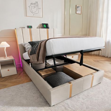 Cadre de lit beige en lin 217 x 96 x 105 cm (1/5)