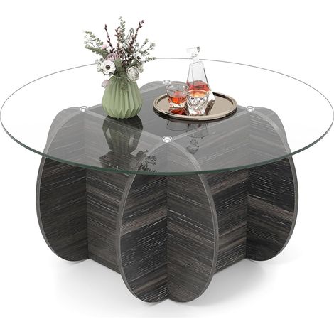 COSTWAY Tavolino da Salotto Rotondo con Piano in Vetro Temperato e Base in Legno Massello, Tavolino da Caffè Moderno con Scomparto Portaoggetti per Soggiorno, Studio e Ufficio, 89 x 89 x 46 cm (1/5)