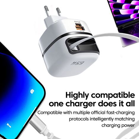 Chargeur rapide 65 W avec câble rétractable, portable, pieds pliables, format compact, blanc (1/4)