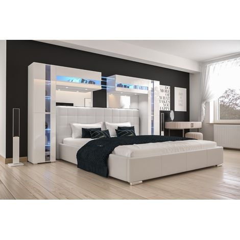 Viva – Tête de lit armoire PANAMA blanc brillant – Dimensions 290x184x35cm – Structure en panneau de particules et MDF – Lit adulte (1/2)