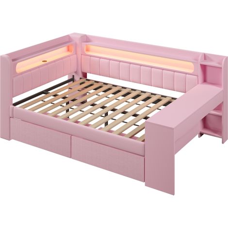 Cama de día capitoné 140 x 200 cm rosa con LED, USB, escritorio integrado y 2 cajones (1/5)