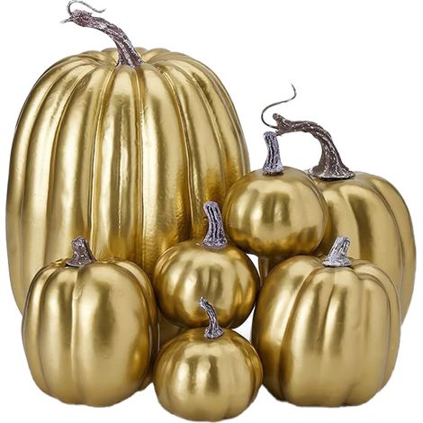 Lot de 7 citrouilles artificielles en mousse, peinture brillante, légères, créatives et réutilisables, pour décoration (dorées). (1/5)