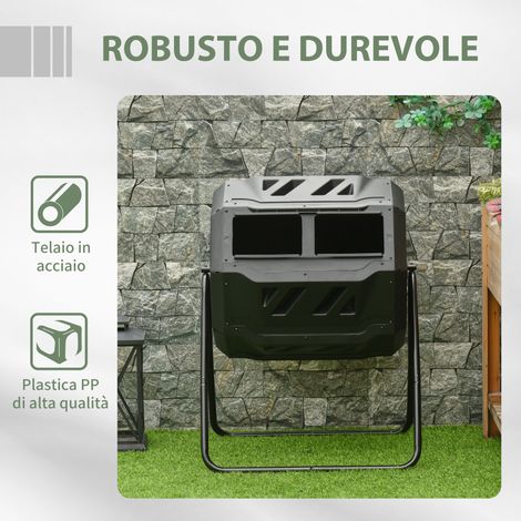 Composteur rotatif 2 bacs 160 L, noir, acier et PP, 71x65x96 cm, 8 orifices d'aération, pour biodéchets ménagers