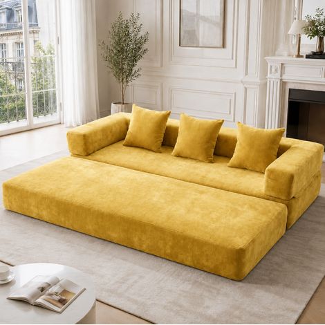 Canapé modulable en tissu jaune moutarde, bloc confortable avec poches latérales, base antidérapante et mousse à retour rapide, pour salon, chambre ou espace enfant – CHICFURN (1/5)