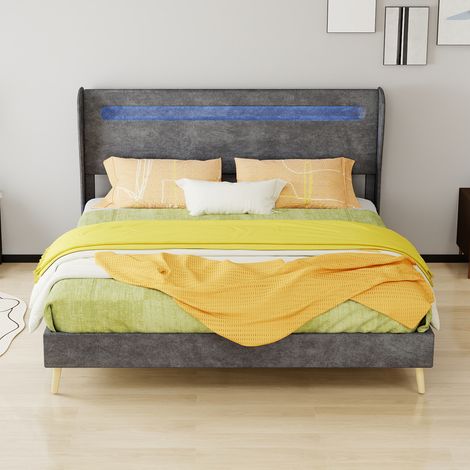 Tête de lit capitonné gris moderne 160x200 cm avec lumière LED intégrée, sommier bas sans vérin, meuble de chambre multifonction minimaliste (matelas non fourni)