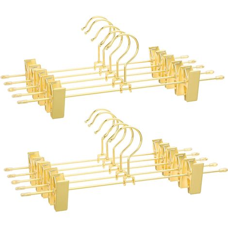 10er-Pack Metallbügel, Hosenständer, Länge 30 cm, 2 rutschfeste Clips für Röcke und Unterwäsche, platzsparend, rostfrei, 360° drehbarer Haken, Gold