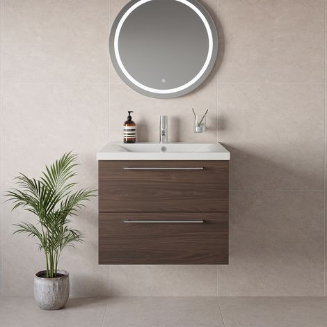 Napoli 460 Brown Oak 600mm Wall Mounted 2 Drawer Vanity Unit with Glide Basin - 600mm - Chrome 320mm Handle