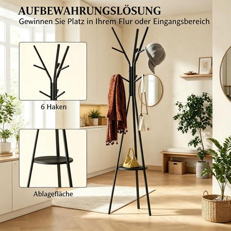 Portemanteau sur pied 45x45x180 cm métal et MDF noir avec tablette, pour entrée – MEUBLIV (1/5)